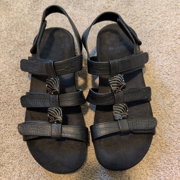 Vionic Shoes - Vionic Amber Straps Black Croc Leather Orthotic Sandals Womens 8.5